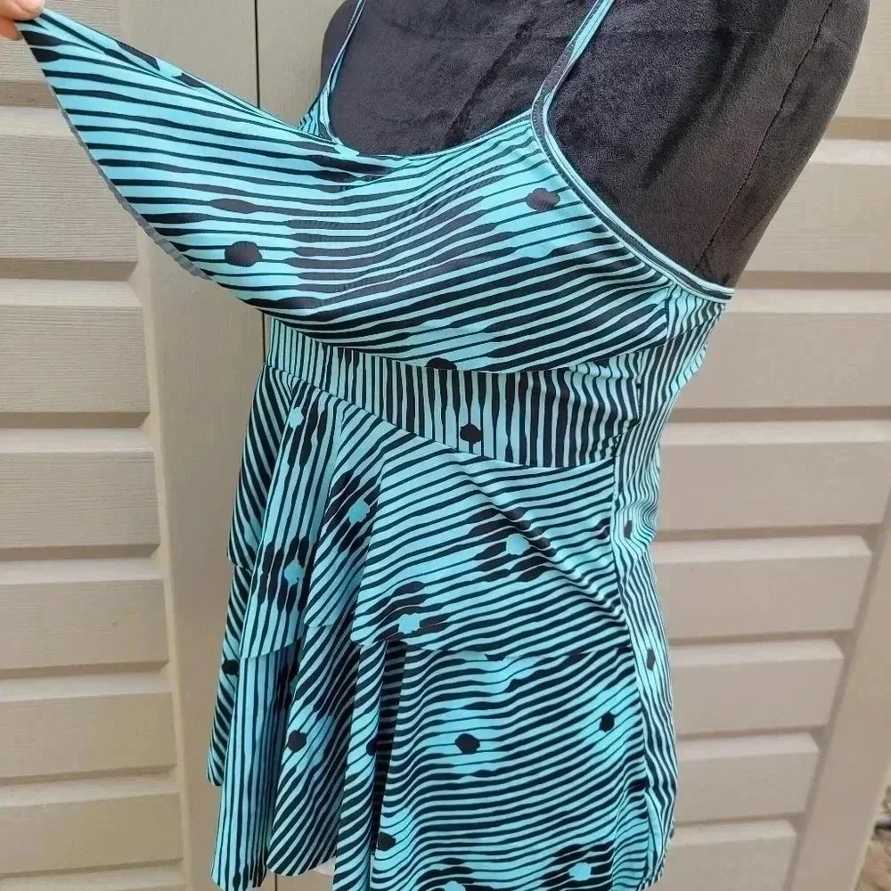 Womens Green Black Layered Ruffle Tankini Swim Top Sz Medium M
